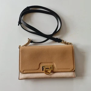 SALVATORE FERRAGAMO Two Tone Tan Cream Pebbled Leather Clutch Crossbody Shoulder - Picture 1 of 14