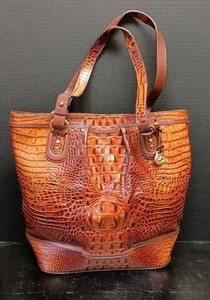 Brahmin Signature Croc Embossed Leather Tote Shoulder Bag Handbag Purse Cognac - Picture 1 of 15
