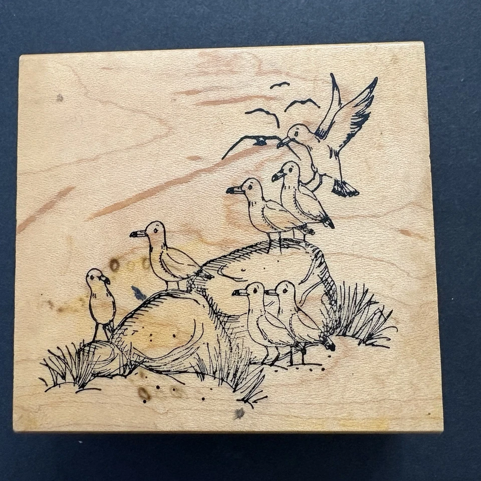 Art Impressions 飞行中的海鸥 Rocky Shore 航海 1996 年橡皮图章 L1477 — 第 1/4 张图片