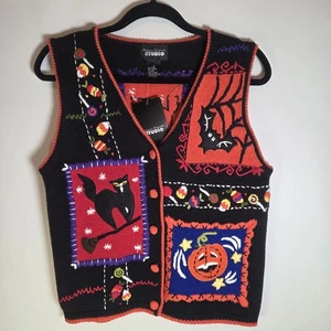 Vtg Halloween Small Pumpkin Black Cat Bat Candy Knit Sweater Vest NEW! - Picture 1 of 9