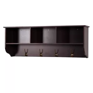 Espresso Wall Mounted Coat Rack with 4 Dual Hooks & Storage Shelf for Entryway - Picture 1 of 6