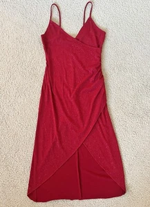 Hourglass Red Glitter Sparkly Spaghetti Strap Hi-Low, Slit Stretchy Dress Medium - Picture 1 of 6