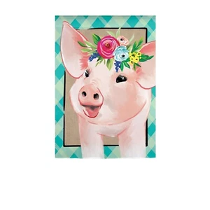 Floral Crowned Pig 14L9631 Evergreen LINEN Garden Flag 12.5” x 18” - Picture 1 of 1