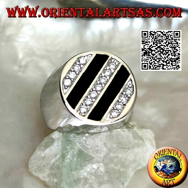 Anello in Argento 925‰ tondo con file oblique di onice e zirconi bianchi tondi - Immagine 1 di 1