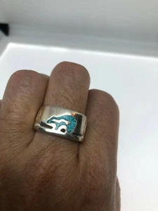 Vintage Southwestern Bear Turquoise Inlay Ring Mens Size 8.75 - Picture 1 of 5