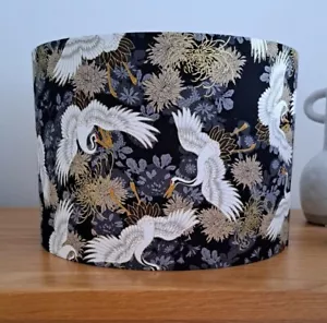 Oriental Japanese Cranes Grey Black Gold Floral Exotic Handmade Fabric Lampshade - Picture 1 of 5