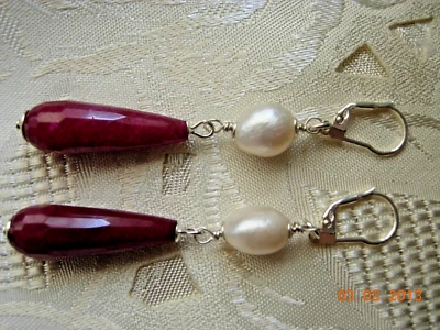 ORECCHINI ARGENTO 925 PENDENTE A GOCCIA RADICE DI RUBINO E PERLE SCARAMAZZE - Immagine 1 di 2