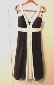 Max and Cleo Cocktail Wedding Semi-Formal Brown White Trim Low V Dress Women's 6 - Picture 1 of 5