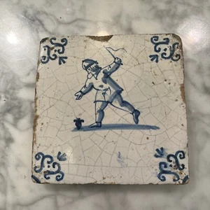 Antique 17th Century Delft Tile Man Spinning Top Blue And White Holland c1650s - Picture 1 of 8