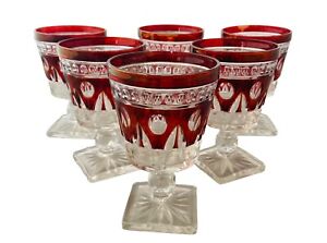 6 Indiana Glass Colony Park Lane Ruby Red Flash Wine/ Goblets 4 1/2” Square Base