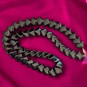 Black Lucite Geometric Bead Necklace Trifari Signed Vintage 1970s Mod 16 Inch - Picture 1 of 9