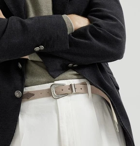 BRUNELLO CUCINELLI Cinturón Occidental de Cuero "Piel de becerro invertida" para Hombre 85 $1600+ NUEVO - Imagen 1 de 17