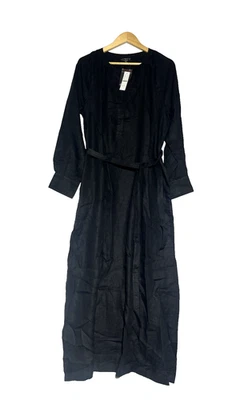 Vestido J Crew Cabana Feminino em Linho Grande Preto Linha A Midi Decote V Relaxado - Imagem 1 de 4