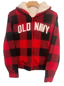 Old Navy Jacket Girls XXL Red Black Buffalo Plaid Hooded Full Zip Sherpa Lined - Picture 1 of 9