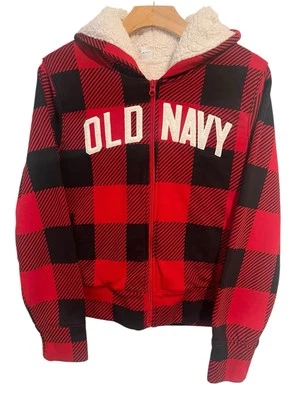 Old Navy Jacket Girls XXL Red Black Buffalo Plaid Hooded Full Zip Sherpa Lined - Image 1 of 4