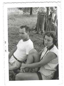 Vintage Vernacular Snapshot 1957 Pensive Couple at Picnic - Picture 1 of 1