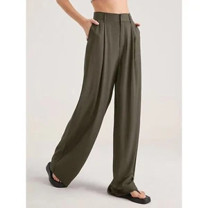 Commense Womens Oversized High Waisted Pleat Trousers Wide Leg Olive Green Small - Picture 1 of 8