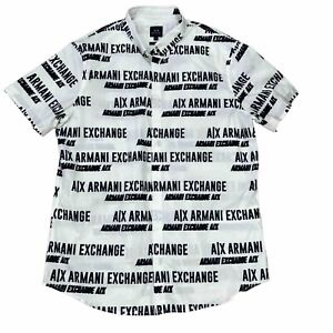 Armani Exchange Men Shirt XL White Black All Over Logo Button Up Short Sleeves