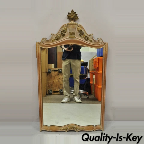Vintage French Provincial Louis XV Style Carved Wood Urn Console Wall Mirror Cover