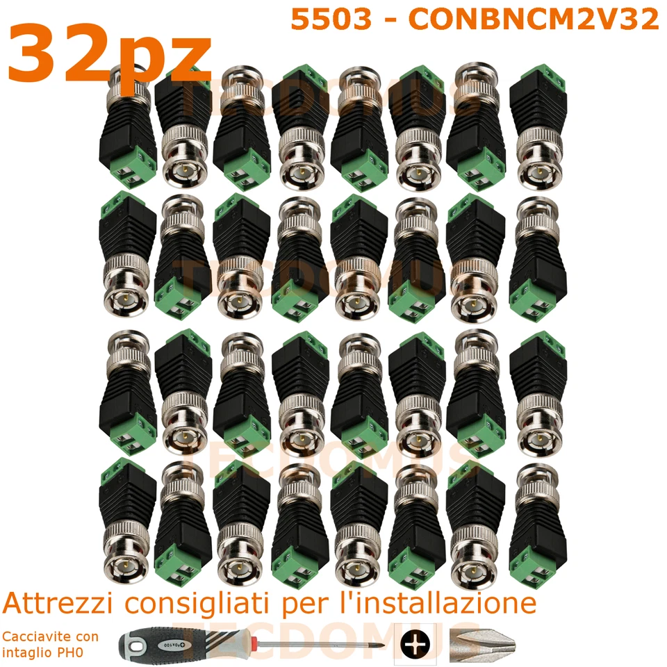 32 Pz Connettore BNC maschio 2 poli a vite per cavo coassiale RG59 e RG174 - Immagine 1 di 1