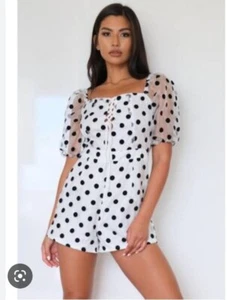 Ladies Missguided UK 12 Organza Polka Milkmaid Playsuit Bnwt White - Picture 1 of 16