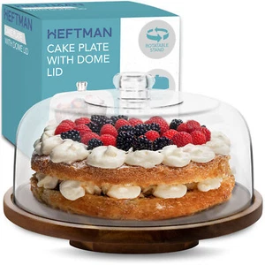 HEFTMAN Rotating Cake Stand with Dome Lid Acacia Wood Non-SlipClear Acrylic 10" - Picture 1 of 7