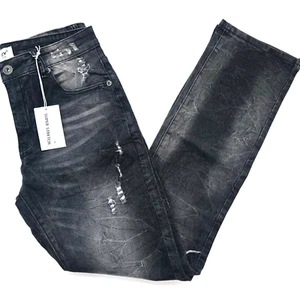 M.Society Men's Size 32X32 Stretch Sraight Slim Fit Black Denim Distressed Jeans - Picture 1 of 13