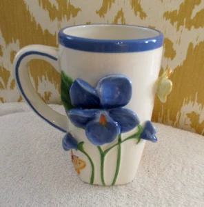 Burton + Burton 3D Floral Blue Yellow White & Green Coffee Mug 5" Tall 12 Oz - Picture 1 of 8