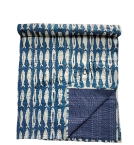 Block Print Kantha Quilt Cotton Indian Handmade Bedspread Blanket Throw Quilt - Picture 1 of 6
