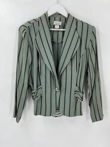 Dress Savvy Vintage Blazer Womens 16P Green/Blue Black Striped Jacket Ruffles - Picture 1 of 18