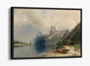 GEORG ANTON RASMUSSEN, FJORD LANDSCAPE -FLOAT EFFECT CANVAS WALL ART PRINT - Picture 1 of 12