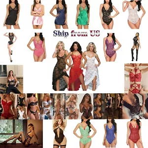 Women Sexy Lingerie Pajamas Lace Nightwear Floral Babydoll Dress Underwear - Picture 1 of 92