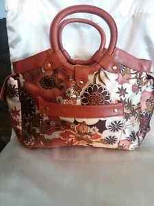 Brown & Gold Floral Satin Purse. Leather Trim & Handles. No Name - Picture 1 of 6