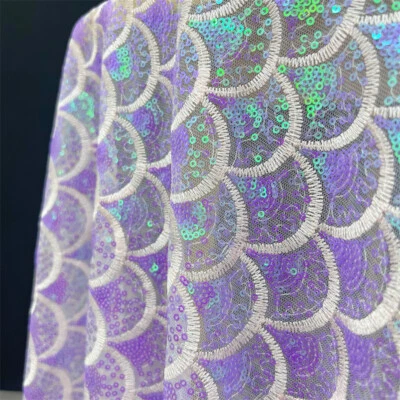 Colorful Scale Wave Sequin embroidery Lace Fabric Ombre Shinny Mermaid Tulle - Image 1 of 4