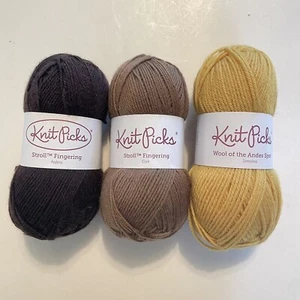 Lot of 3 Knit Picks Fingering & Sport Yarn: Fedora, Cork, Semolina - Picture 1 of 6