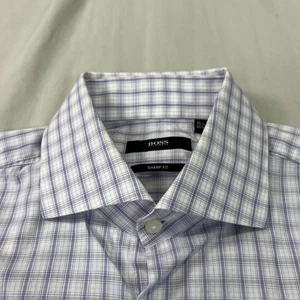 Camicia elegante Hugo Boss uomo 15,5 32 bianca viola quadri polsino francese colletto a taglio - Foto 1 di 14