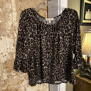 Michael Kors Women’s XL Brown Black Animal Print Ruffle Sleeves Shirt - Picture 1 of 5