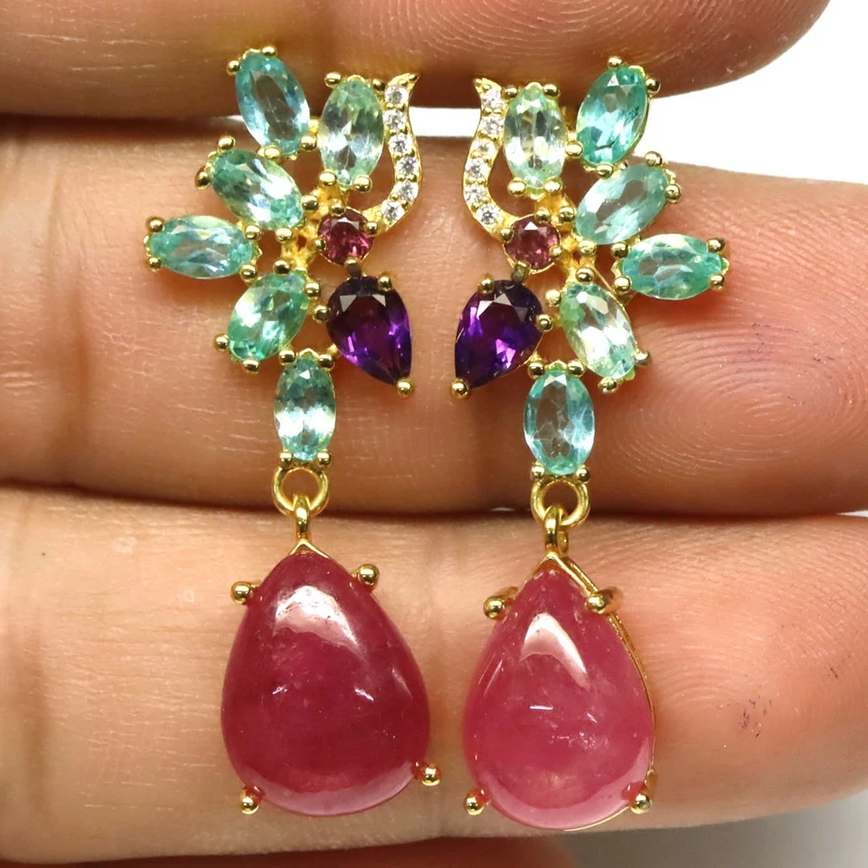 925 Sterling Silver 9 x 13 mm. Red Ruby, Zircon, Amethyst & Rhodolite Earrings  - Image 1 of 4