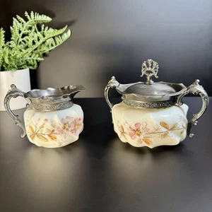 1890s CF Monroe Wave Crest Sugar And Creamer Set, Antique White Opalware - Picture 1 of 11