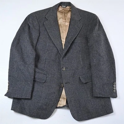 复古美国制造 Bill Blass 38S 棕色蓝色钉头羊毛粗花呢西装外套运动外套 — 第 1/4 张图片