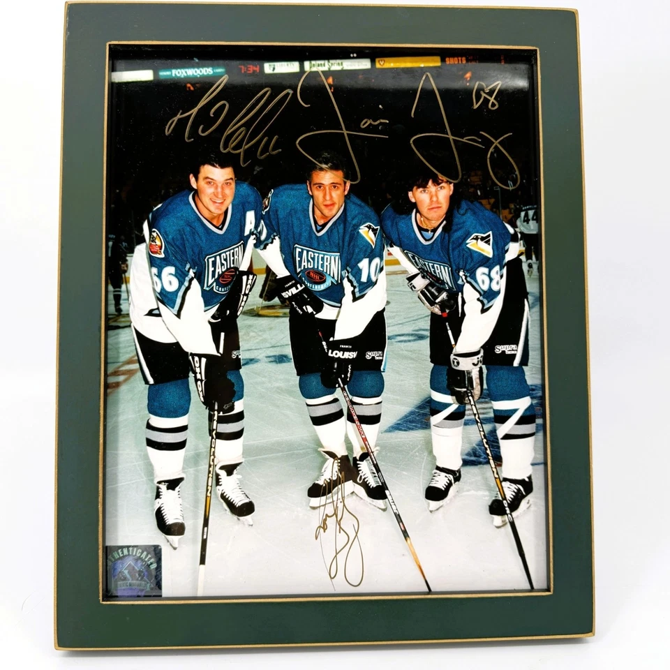 Foto All Star firmada por Lemieux Francis Jagr con exhibición enmarcada con certificado de autenticidad de los Pingüinos Foto 1 de 4