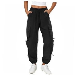 Womens Parachute Cargo Pants with Pockets Quick Dry Hiking Pants Large Black - Picture 1 of 6