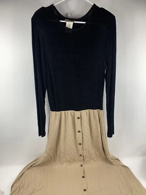 Vintage NINA PICCALINO Maxi Dress Retro Sheer Top Black Tan Long Sleeve Size 10 - Image 1 of 4