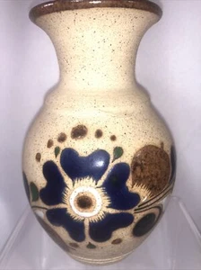 Vintage Tonala Mexico Vase Art Pottery Flower Sandstone Brown Blue Signed - Picture 1 of 12