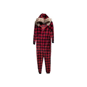 Secret Treasures Sleepwear Womens Size L red blue Buffalo Check Hooded One Piece - Picture 1 of 14