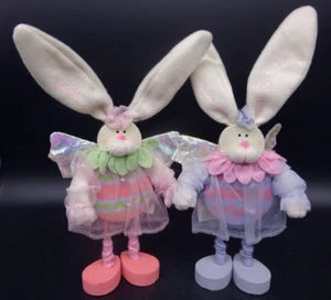 Vintage Pair Wooden Angel Bunnies Blue & Orange Cute Spring Easter Seasonal - Picture 1 of 8