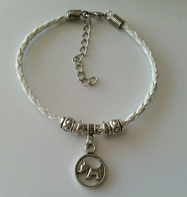 Retro Fashion Women Men's White Leather Bracelet Dog Dangle Charm Jewelry US - Image 1 of 4