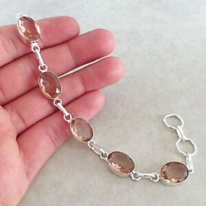 NATURAL OVAL PINK PEACH MORGANITE 925 STERLING SILVER LINK CHAIN BRACELET 7.5"
