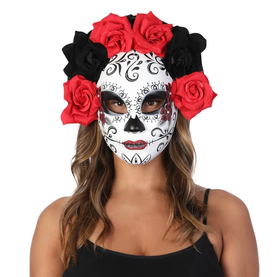 Deluxe Day of the Dead Mask Halloween Masquerade Flower Mask Ladies Womens Red - Image 1 of 1