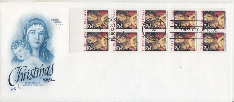 1992 CHRISTMAS 29c MADONNA BOOKLET PANE OF 10 ON FDC ART CRAFT CACHET UA GEM! - Image 1 of 1